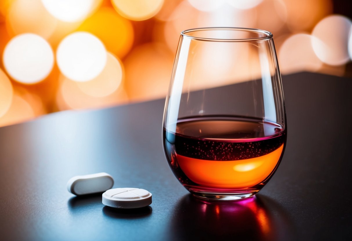 A glass of wine sits next to an antacid tablet on a table. The wine glass is surrounded by swirling red and orange colors, while the tablet is white and circular