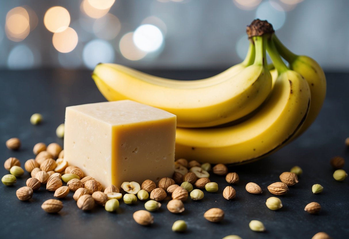 A block of cheese sits next to a bunch of bananas, both surrounded by scattered potassium-rich nuts and seeds