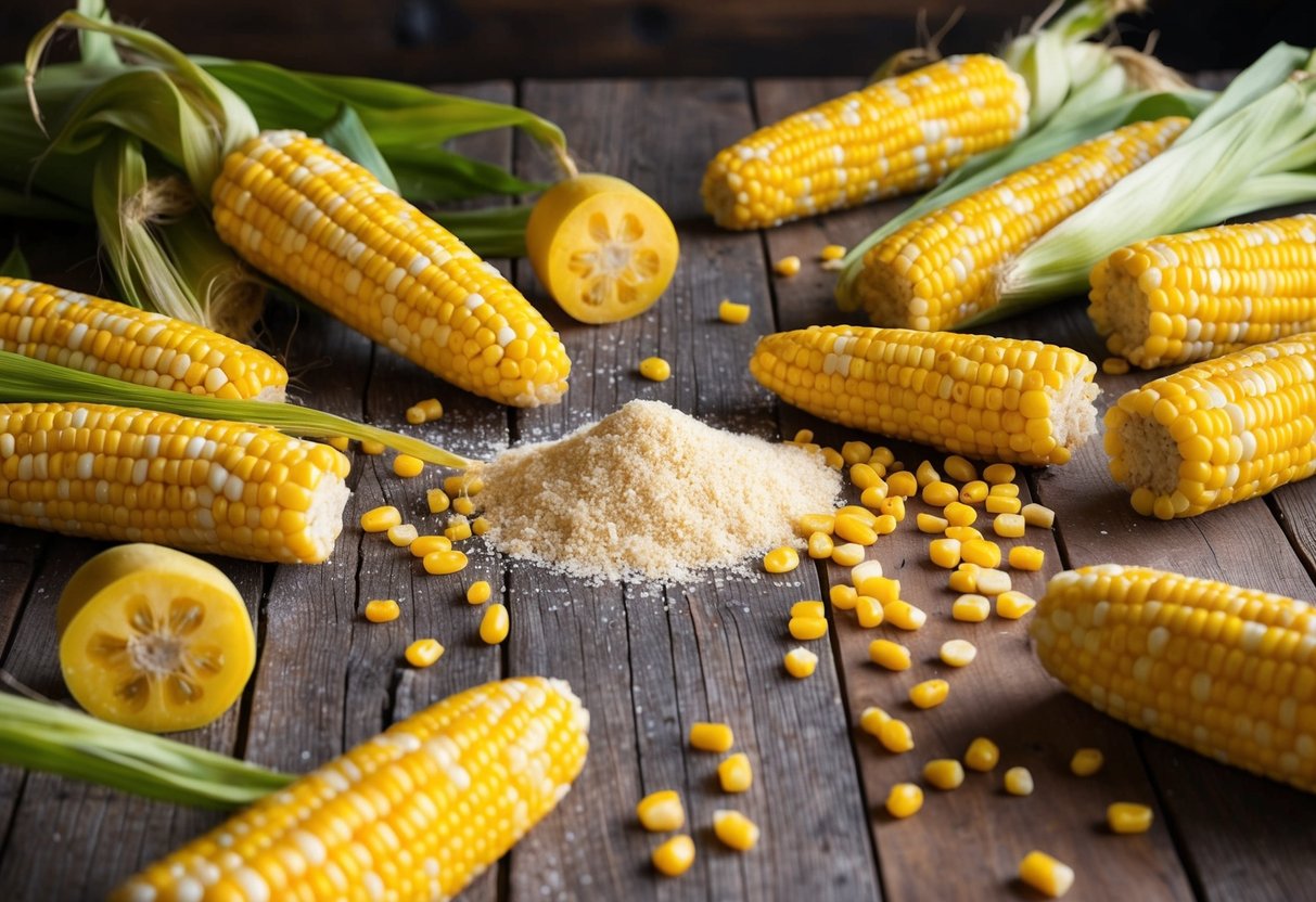 A rustic wooden table with an assortment of corn on the cob, corn kernels, and cornmeal scattered across it