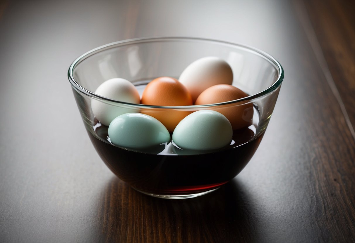 A clear glass bowl filled with eggs soaking in a dark liquid, iodine
