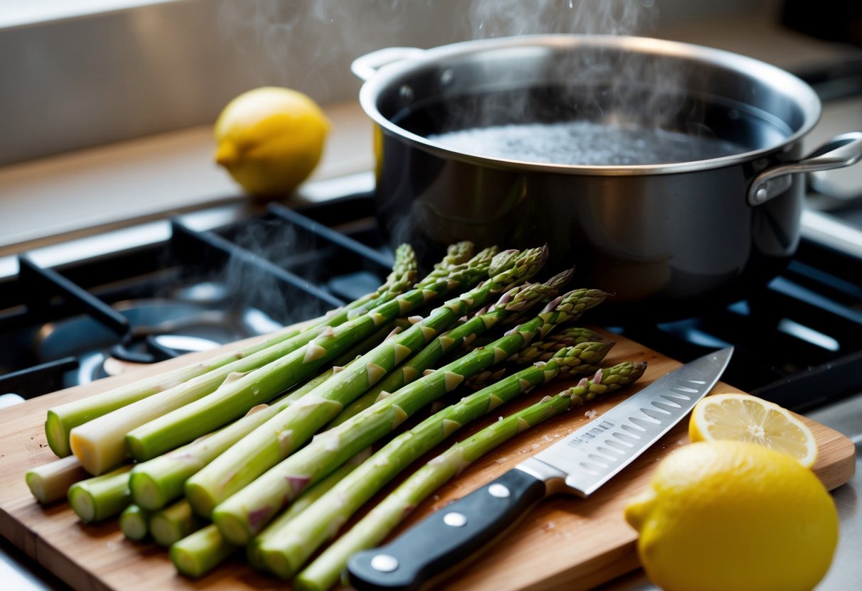 Fresh asparagus spears on a cutting board, being washed and trimmed. A pot of water boils on the stove. A chef's knife and lemon sit nearby