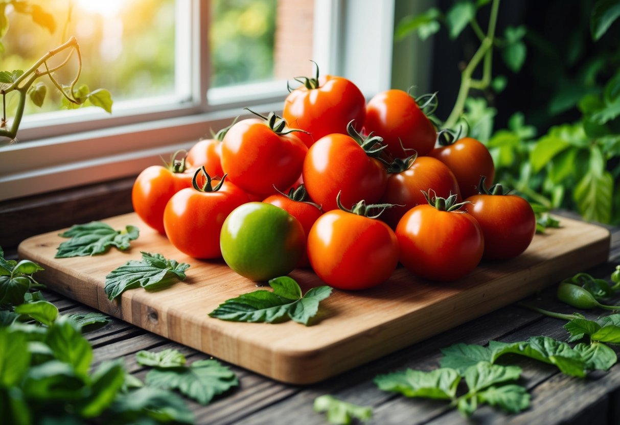 A pile of ripe tomatoes sits on a wooden cutting board, surrounded by scattered leaves and vines. The sunlight filters through a nearby window, casting a warm glow on the red and green fruits