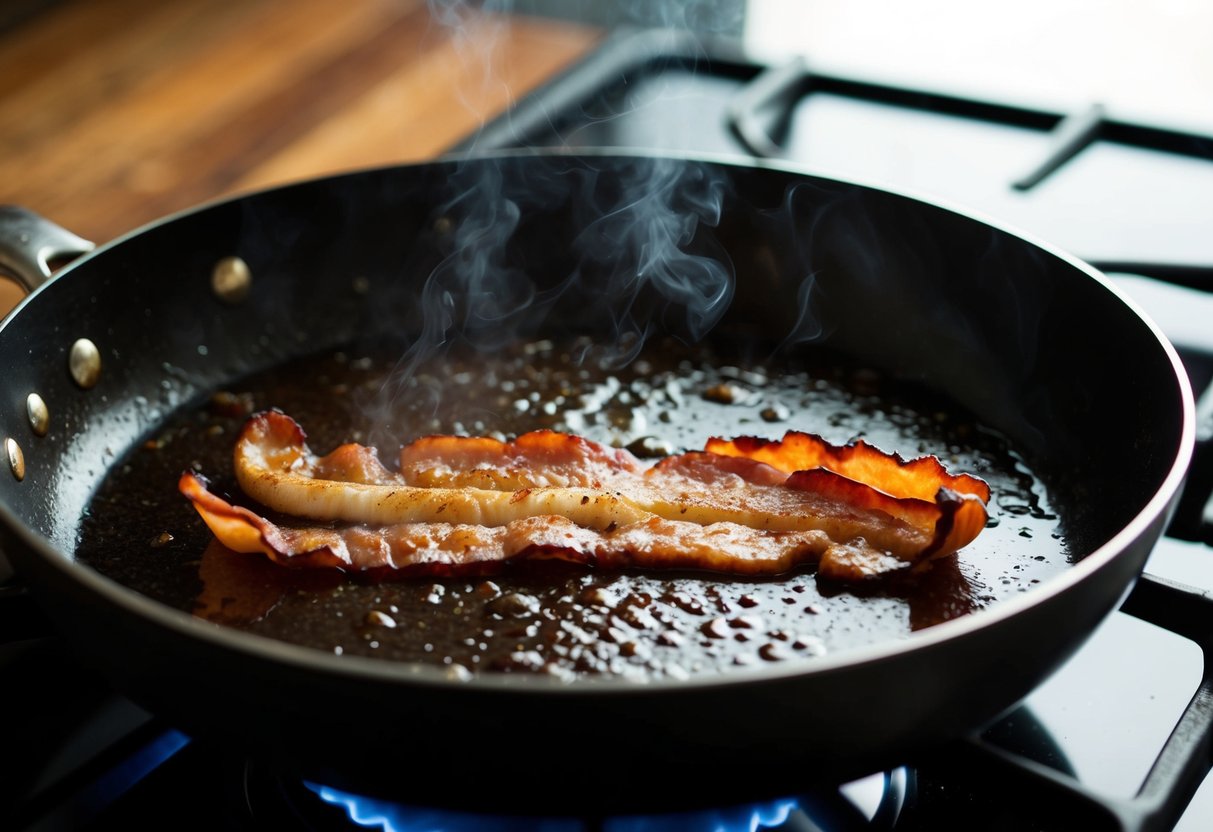 A sizzling piece of bacon sits on a hot skillet, releasing its savory aroma as it cooks