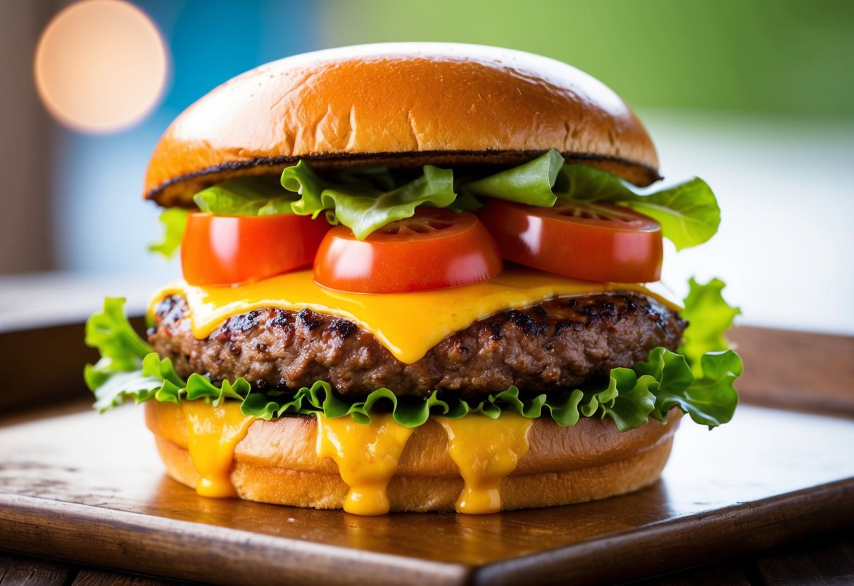 A sizzling, juicy burger made with impossible meat, topped with fresh lettuce, ripe tomatoes, and melted cheese, served on a toasted bun