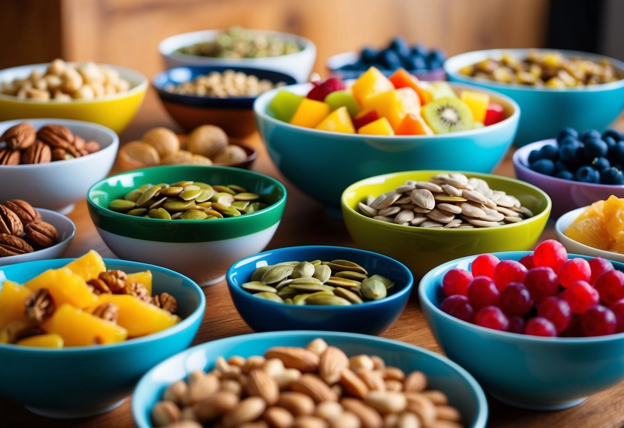 A table filled with colorful bowls of nuts, seeds, and fruits. A variety of low FODMAP snacks are neatly arranged for a healthy and satisfying option