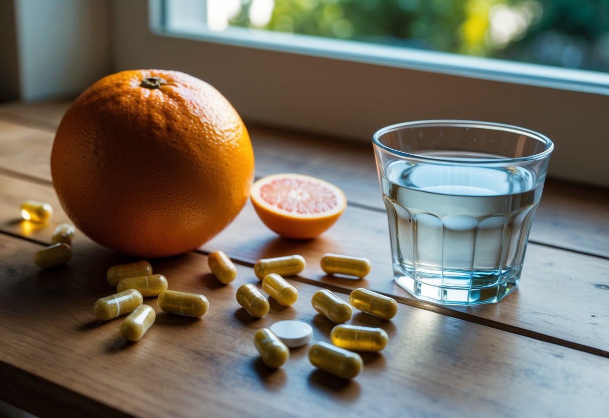 A ripe grapefruit sits on a wooden table, surrounded by scattered potassium supplements and a glass of water. Sunlight streams in through a nearby window, casting a warm glow on the scene