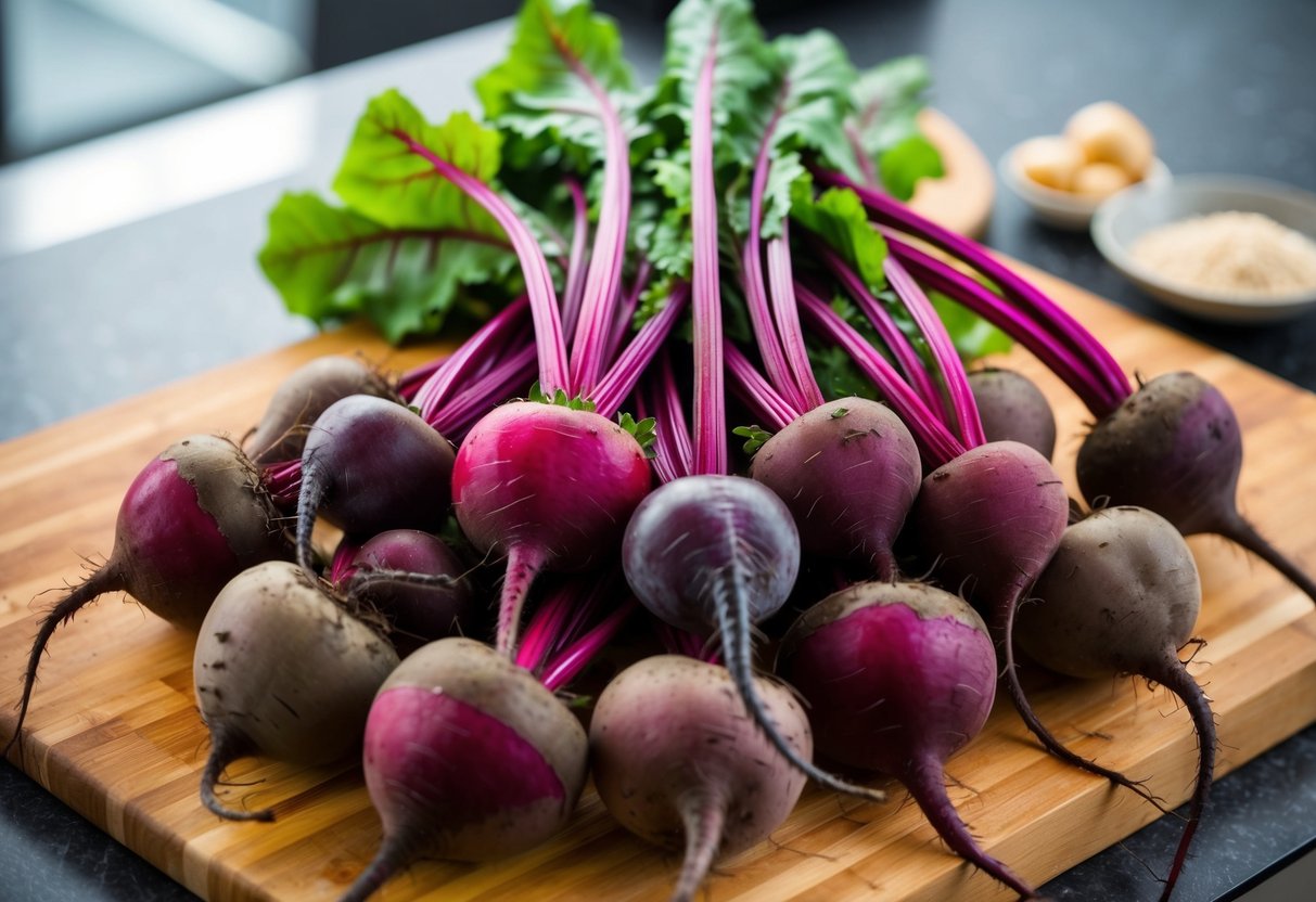 A colorful pile of beets in various shades of red and purple, with green leafy stems attached, arranged on a wooden cutting board