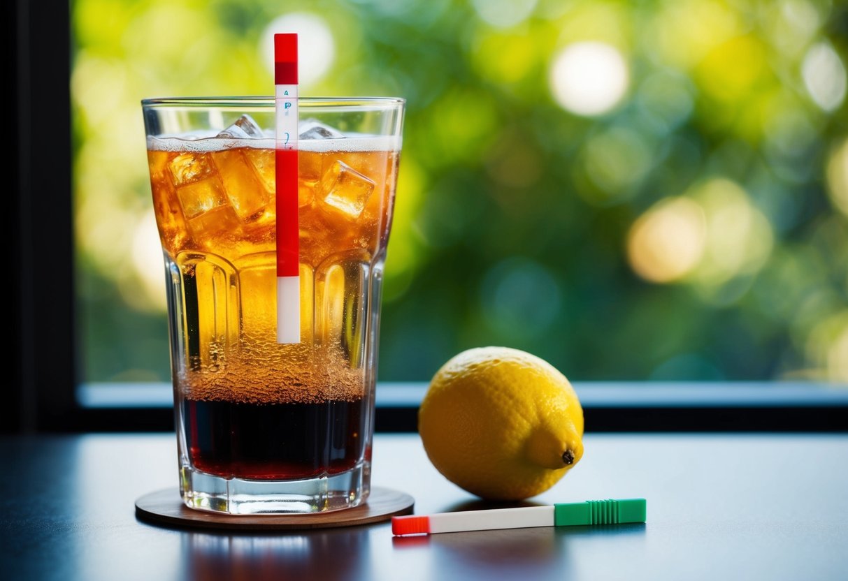 A glass of soda with artificial sweeteners, a pH test strip turning red, and a lemon next to it
