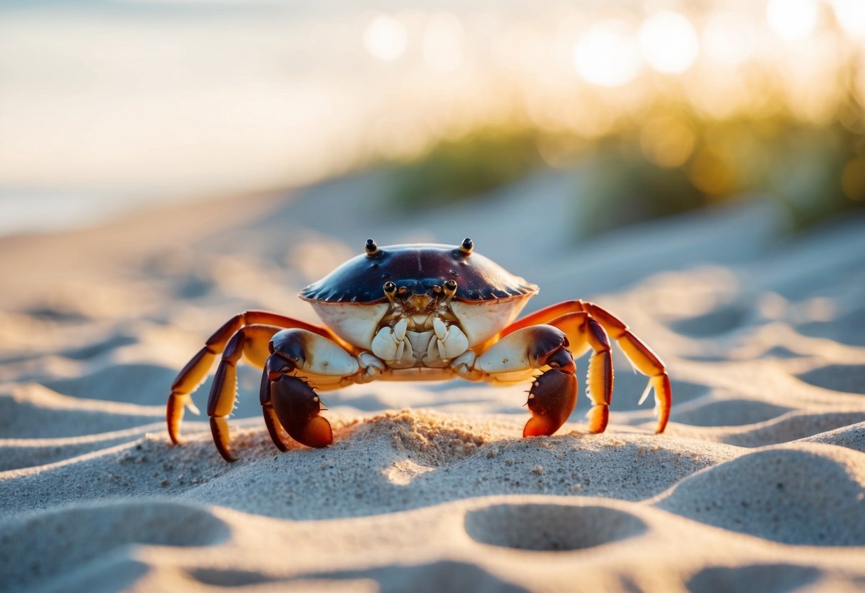 A crab scuttles across a sandy beach, its shell glistening with iodine-colored hues under the warm sunlight