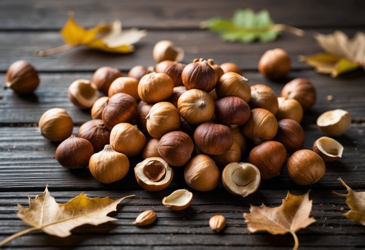 A pile of hazelnuts scattered on a wooden table, surrounded by a few scattered fallen leaves and a few empty nutshells