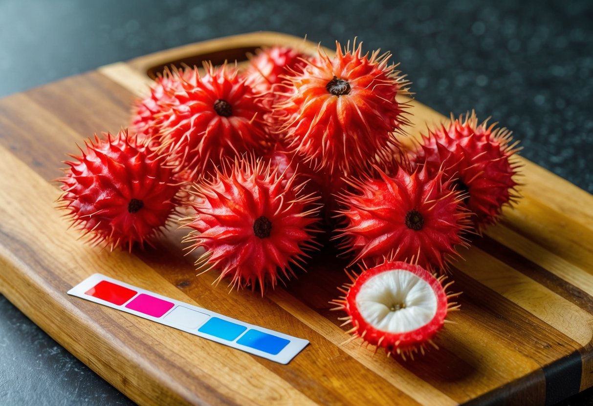 A cluster of rambutan fruits, with their spiky red shells and hairy exterior, lay on a wooden cutting board. A litmus paper test nearby shows a shift from blue to red, indicating their acidic nature