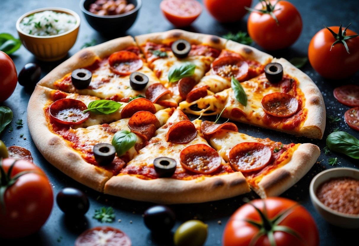 A pizza surrounded by various acidic ingredients like tomatoes, pepperoni, and olives, with a slice cut out to reveal the gooey cheese and sizzling toppings