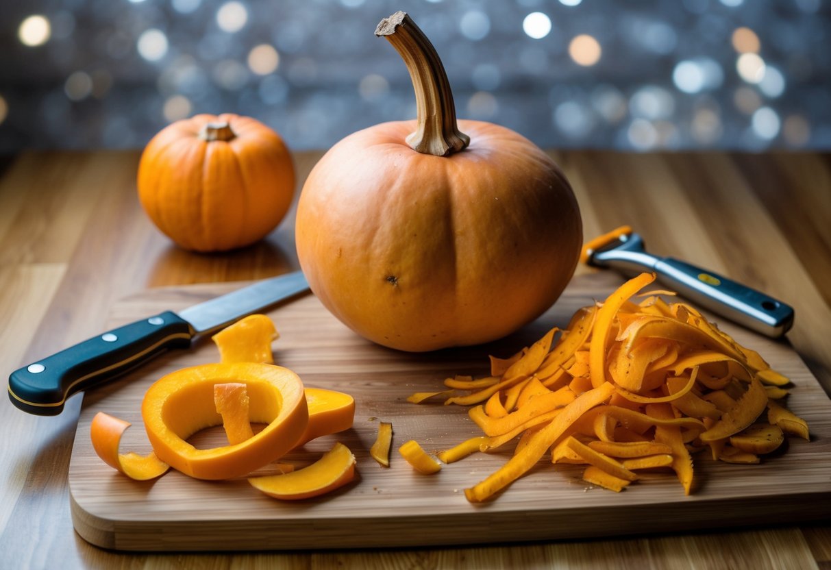 A whole butternut squash sits on a wooden cutting board, surrounded by a knife, peeler, and a pile of discarded peelings