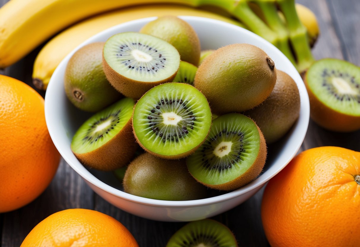A bowl of kiwis surrounded by other potassium-rich fruits like bananas and oranges