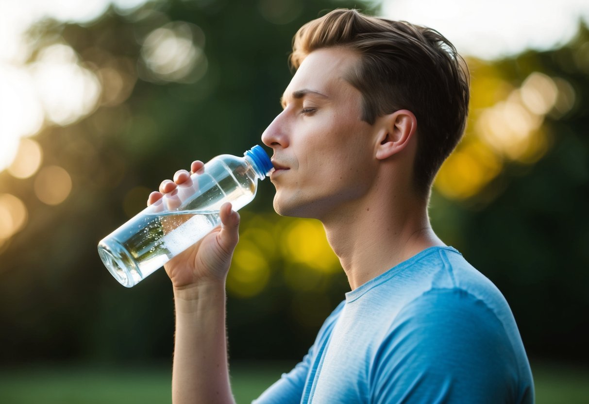 A person drinking alkaline water and feeling relief from acid reflux
