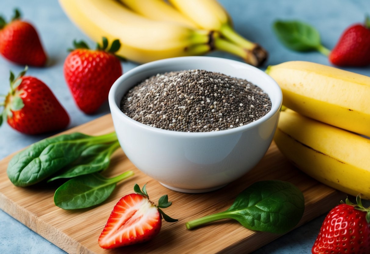 A small bowl filled with chia seeds, surrounded by various low FODMAP foods like bananas, strawberries, and spinach