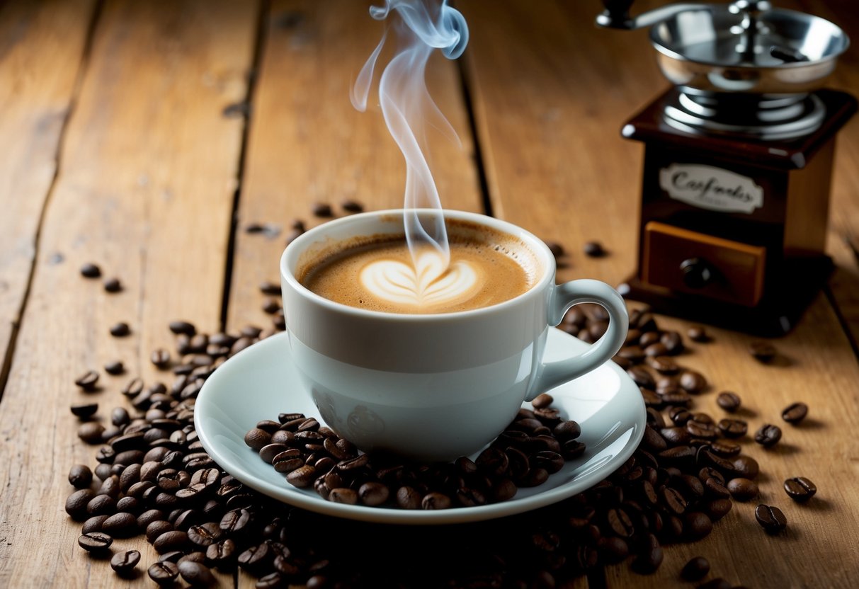 A steaming cup of coffee sits on a wooden table, surrounded by a scattering of coffee beans and a vintage coffee grinder