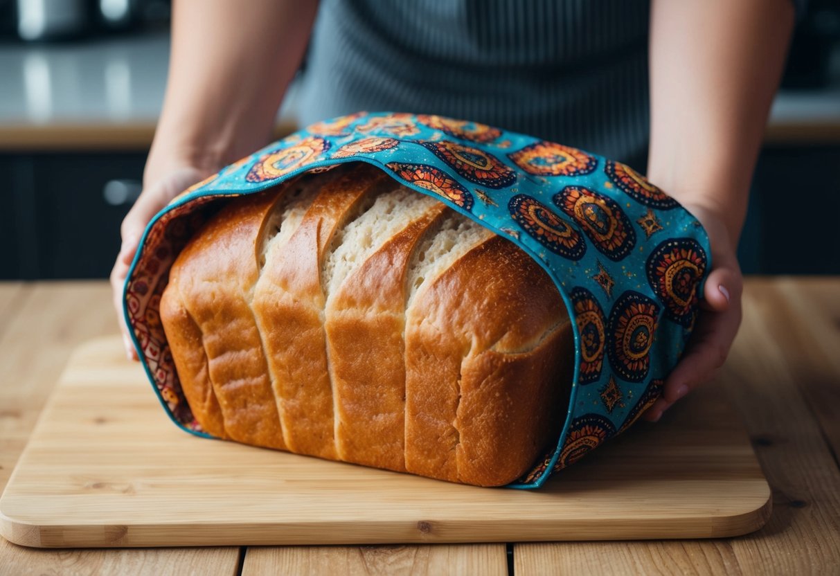A loaf of bread being tightly wrapped in a colorful, patterned cloth, with the edges neatly folded and secured