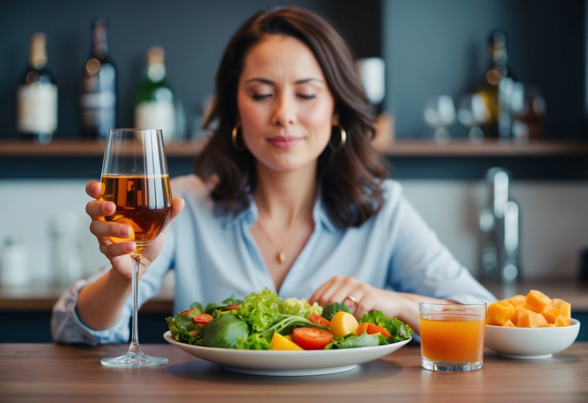 A person avoiding alcohol and choosing heartburn-friendly foods