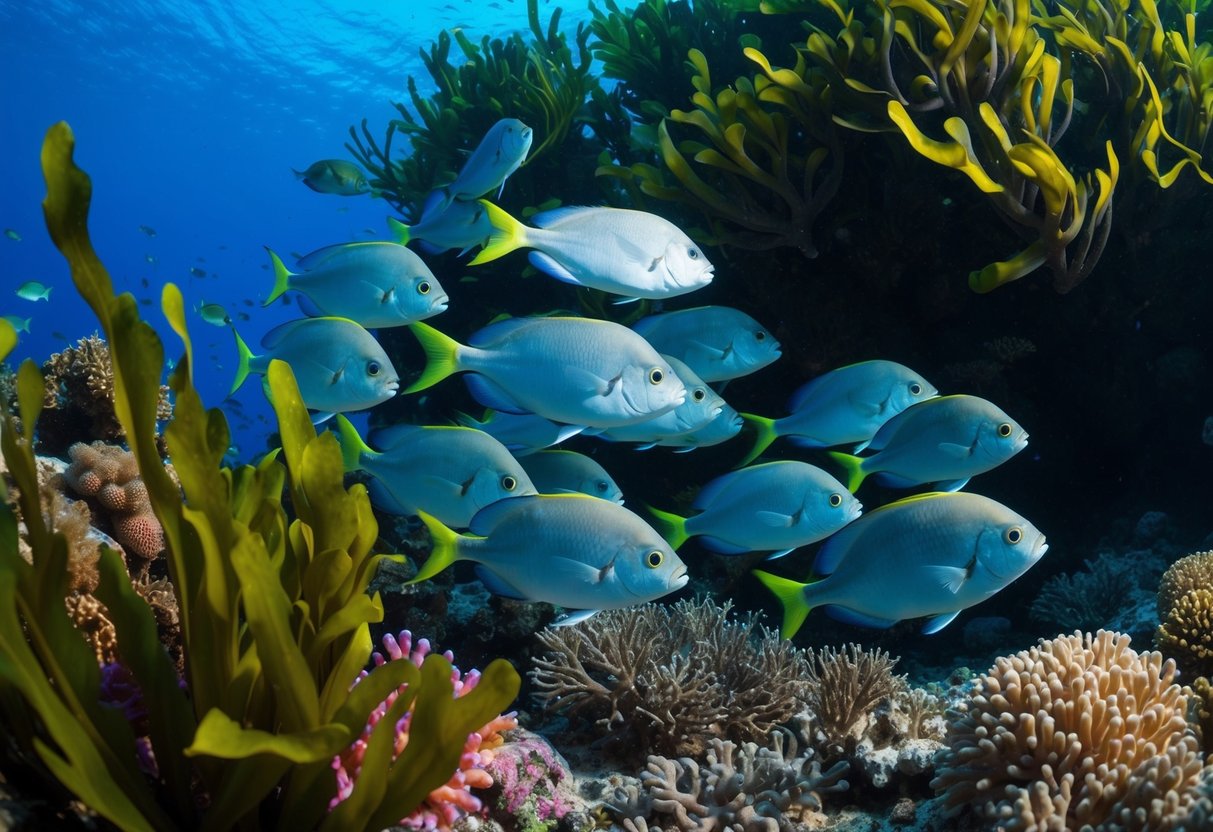 A school of fish swimming in a vibrant coral reef, surrounded by an abundance of potassium-rich seaweed
