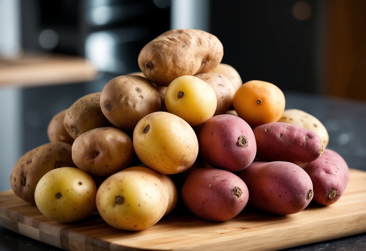 A pile of assorted potatoes, including russet, red, and sweet potatoes, arranged on a wooden cutting board