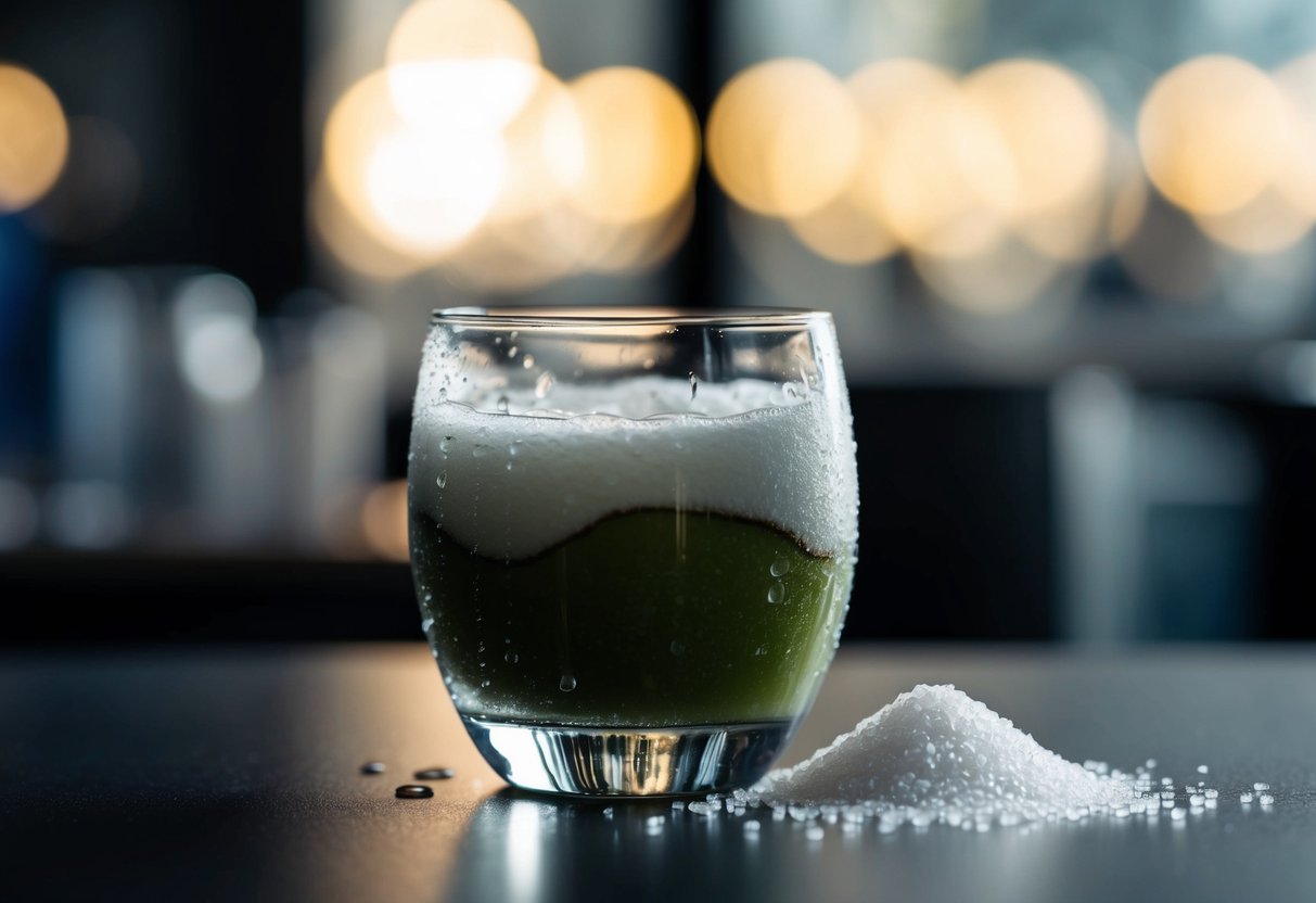 A clear glass filled with coconut water, with droplets of condensation running down the sides. A small pile of sugar crystals sits next to the glass