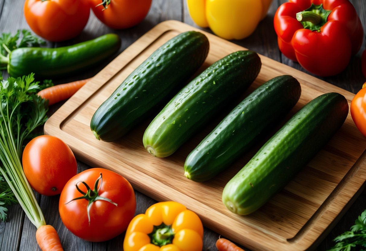 Fresh cucumbers arranged on a wooden cutting board, surrounded by various low FODMAP ingredients like tomatoes, carrots, and bell peppers