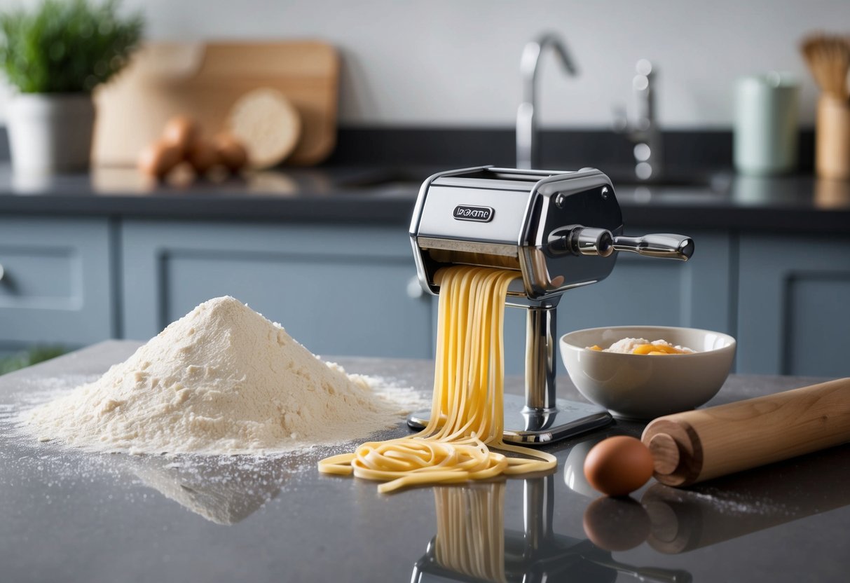 A countertop pasta maker sits next to a pile of flour and eggs, ready to be used. A wooden rolling pin and a bowl of freshly made pasta are nearby
