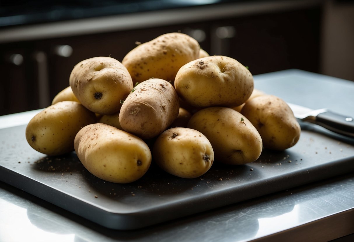 A pile of potatoes on a cutting board, with a knife beside them. The potatoes are whole and unpeeled, with some dirt still on the skin