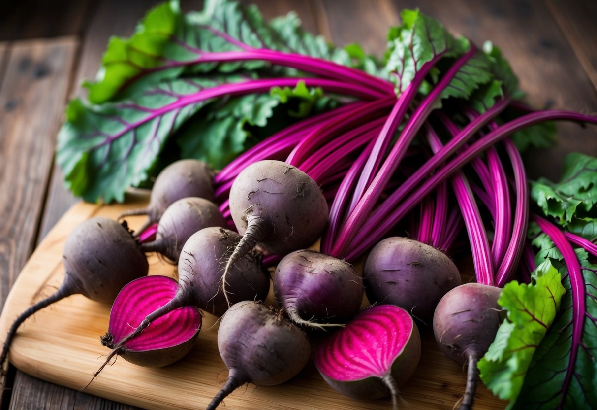 A pile of beets with vibrant red and purple hues, surrounded by fibrous green leaves, arranged on a wooden cutting board