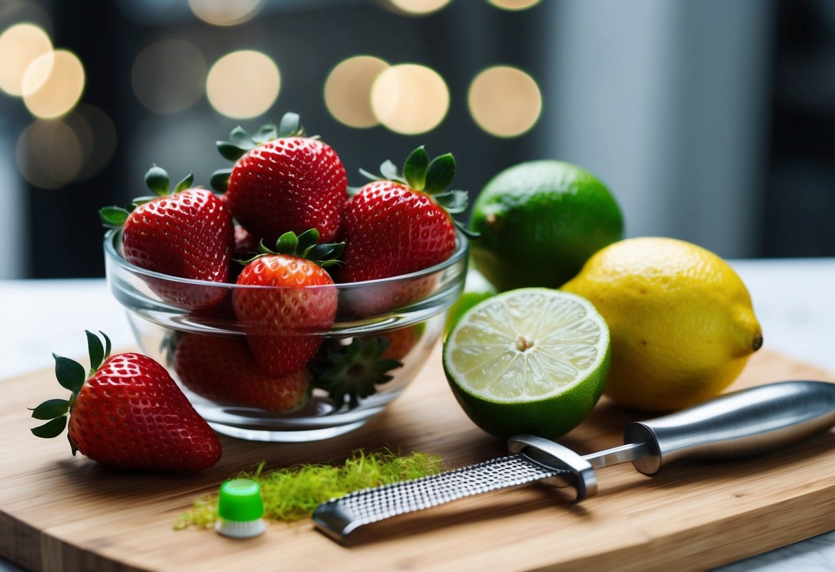 A bowl of strawberries next to a lemon and lime, with a citrus juicer and a citrus zester on a wooden cutting board