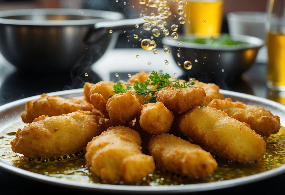 A sizzling platter of golden fried foods, emitting a tangy aroma. Oil bubbles on the surface, hinting at the acidic flavor within