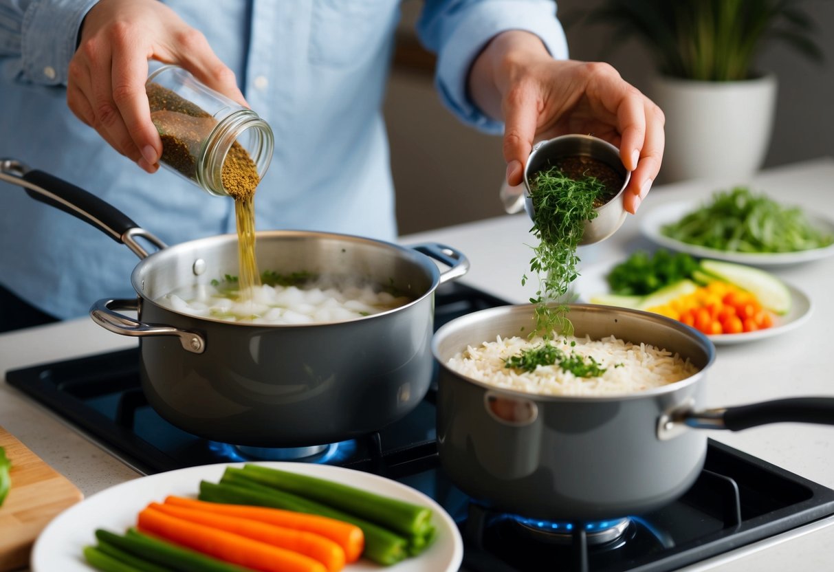 A person adding herbs and spices to a pot of boiling water, while a pot of rice simmers on the stove. A plate of fresh vegetables sits nearby