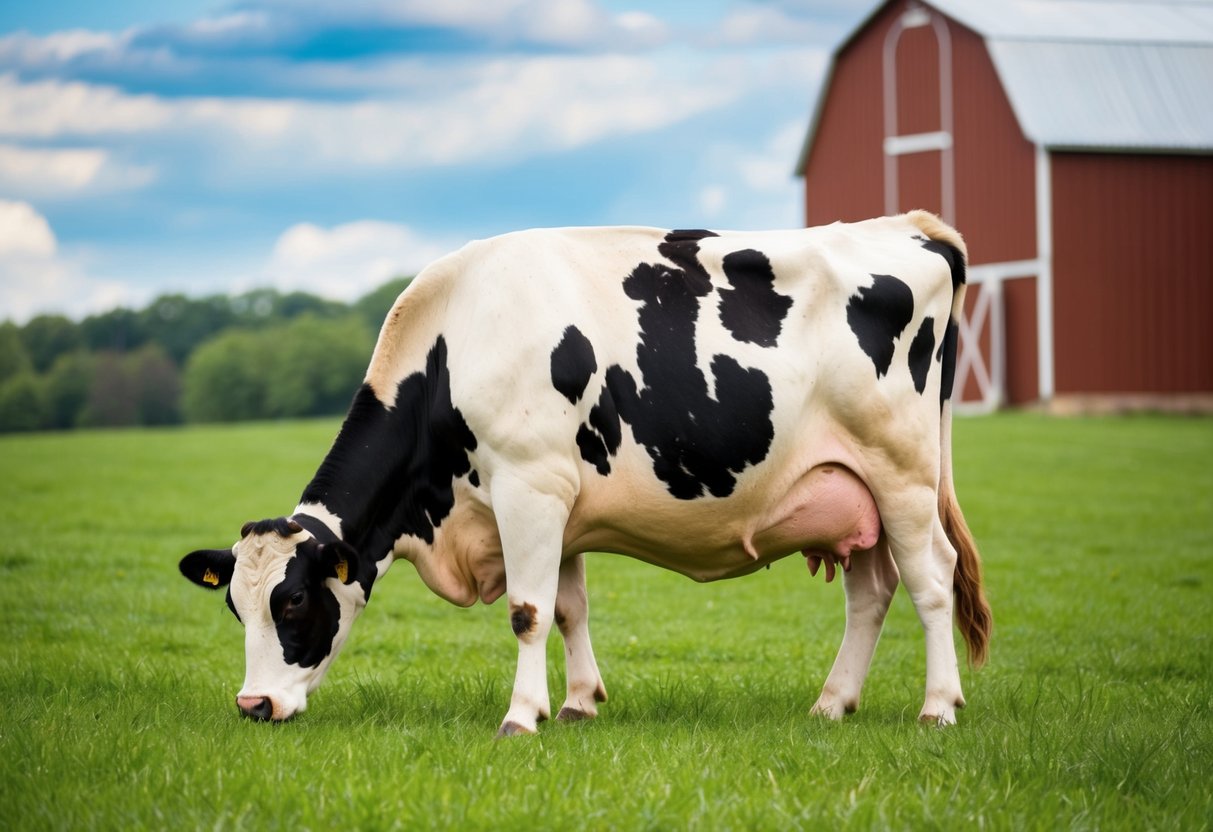 A cow grazing in a lush green pasture, with a barn in the background. The cow appears uncomfortable and is exhibiting signs of heartburn