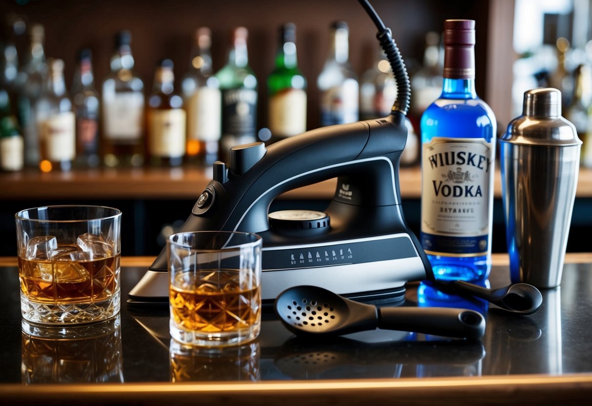 An iron sits on a bar counter, surrounded by various alcoholic drinks. A glass of whiskey, a bottle of vodka, and a cocktail shaker are nearby