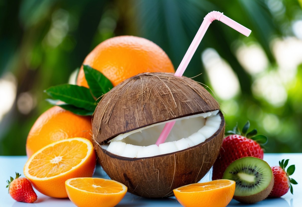A coconut with a straw in it, surrounded by various fruits high in vitamin C, such as oranges, strawberries, and kiwi