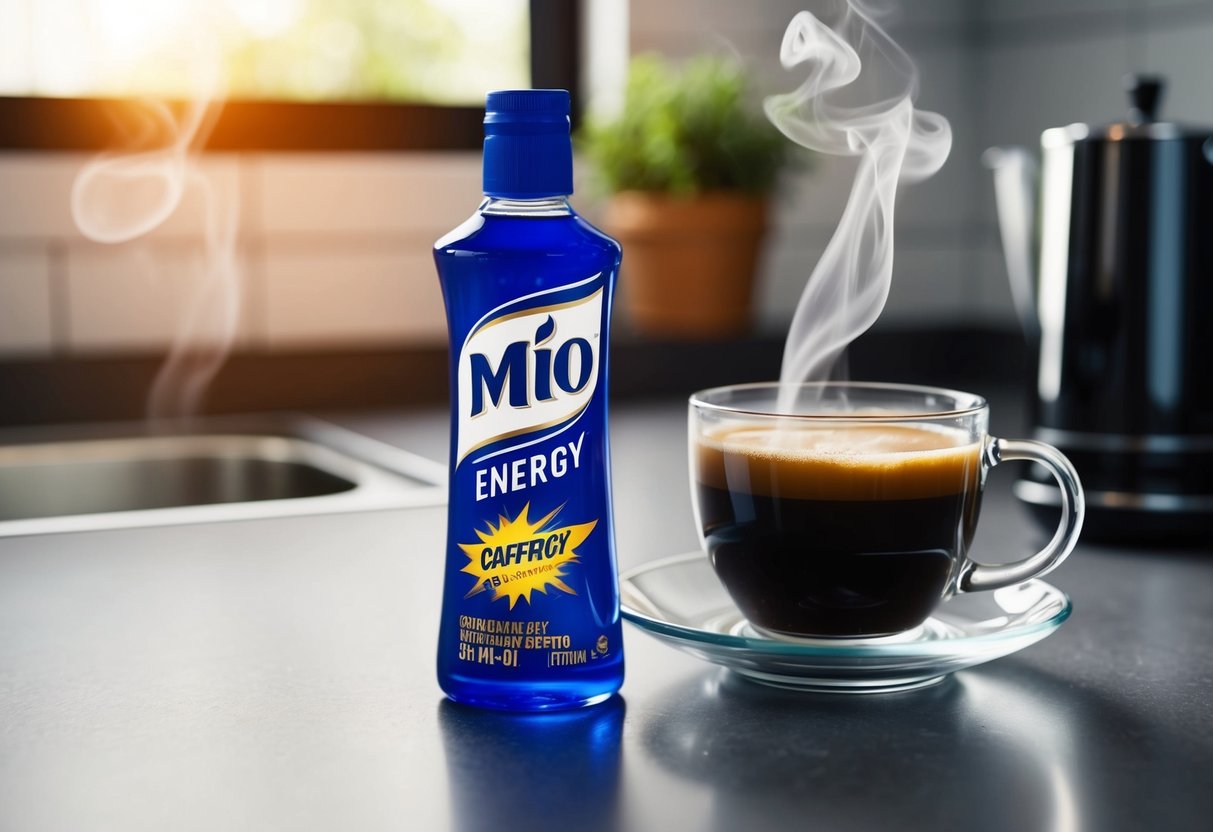 A cup of Mio liquid flavoring sits next to a steaming mug of coffee on a kitchen counter. The Mio bottle is labeled "Energy" with a burst of caffeine icon