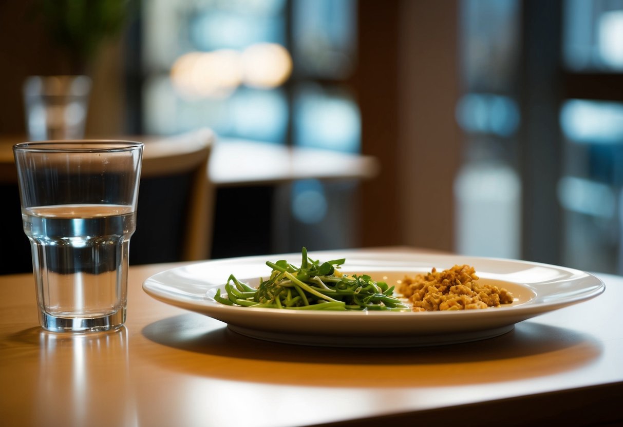 A table with a plate of food and a glass of water. The plate is empty, and the glass is half full. The table is slightly tilted, indicating haste