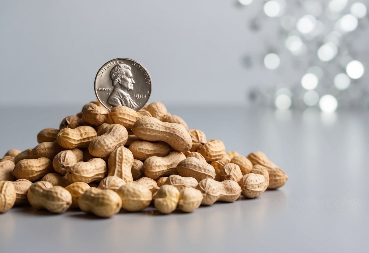 A pile of peanuts with a nickel coin on top, set against a plain background