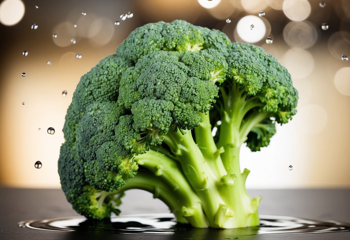 A bunch of broccoli surrounded by small droplets of iodine
