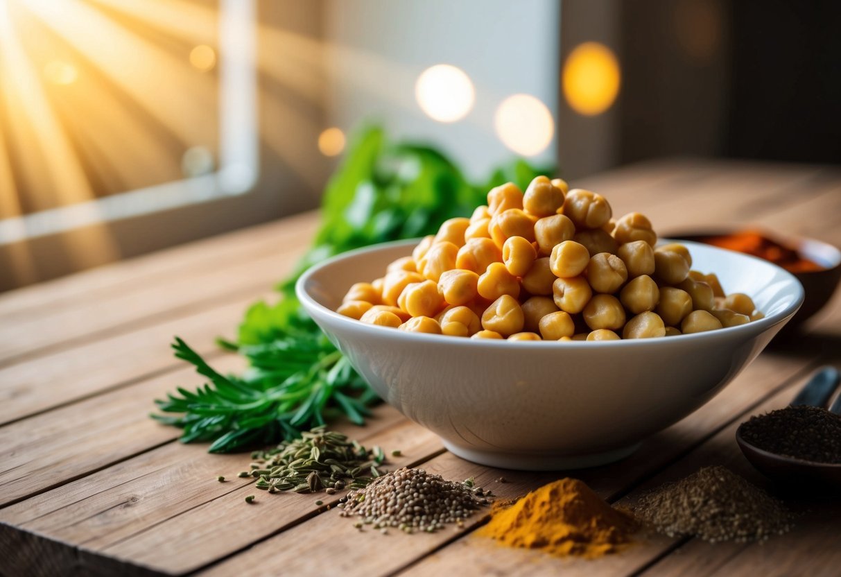 A bowl of chickpeas sitting on a wooden table, surrounded by various spices and herbs. Sunlight streaming in through a nearby window, casting a warm glow on the scene