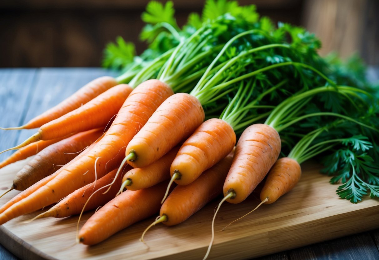 A pile of carrots of varying sizes and shades, with green leafy tops, arranged on a wooden cutting board