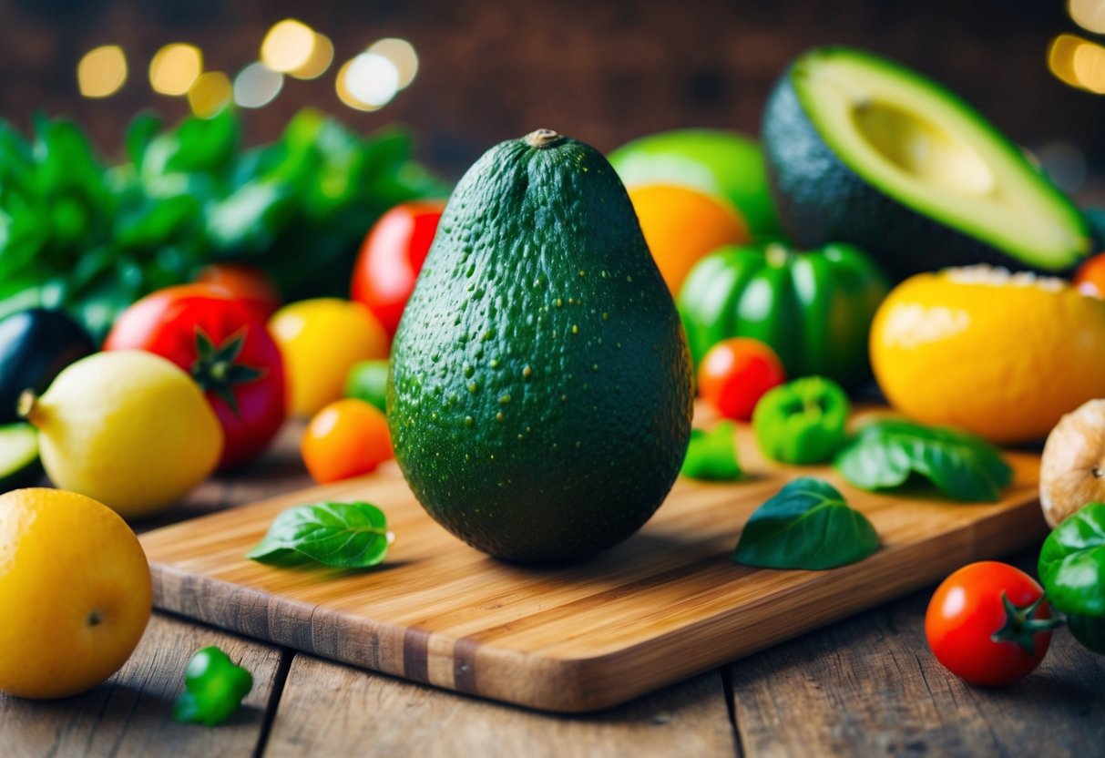 A ripe avocado sitting on a wooden cutting board, surrounded by various fruits and vegetables