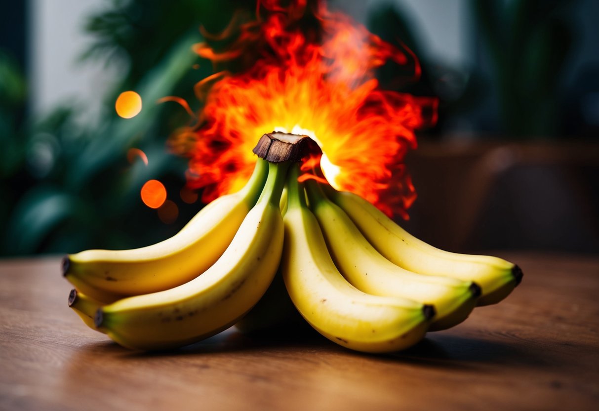 A bunch of bananas sits on a table, surrounded by a fiery red glow emanating from the center of the fruit