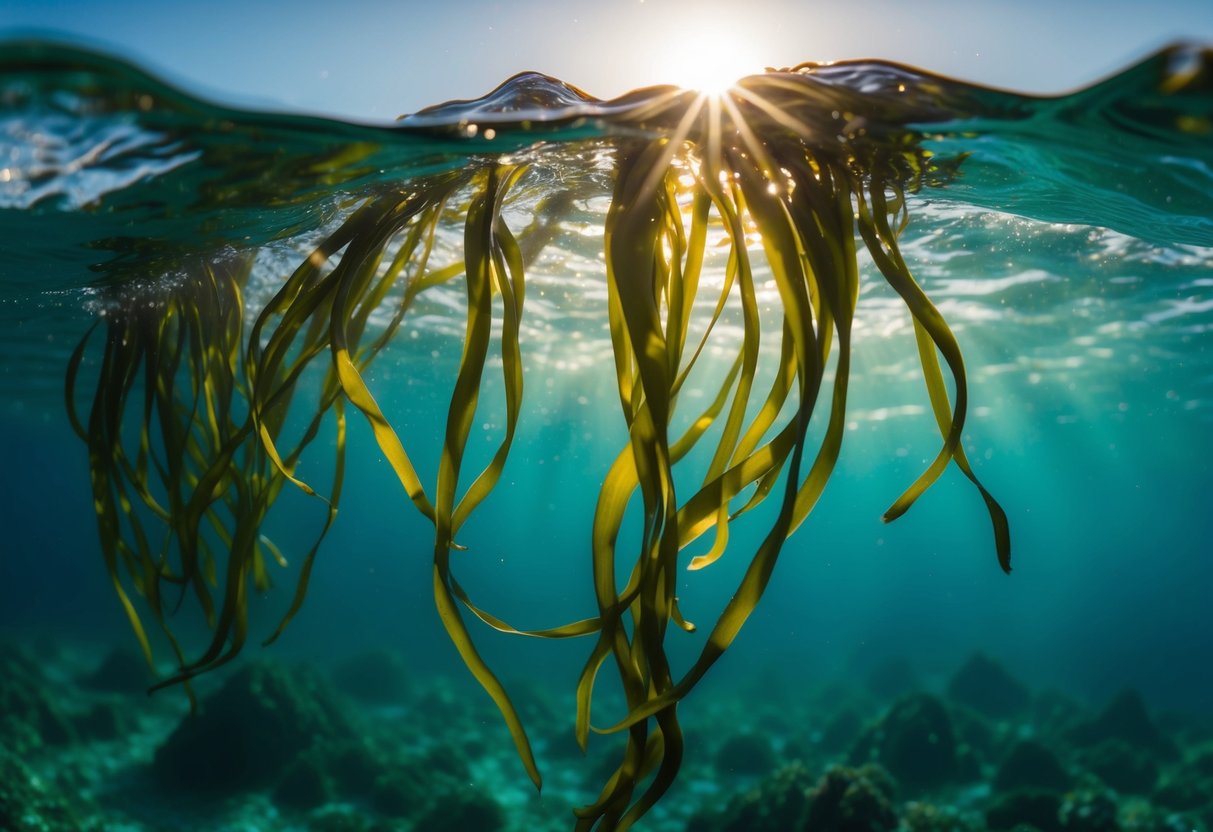 Sunlight filters through the clear water, illuminating strands of seaweed swaying gently in the ocean currents. The deep green color of the seaweed contrasts with the blue hues of the surrounding water, evoking a sense of tranquility and natural beauty
