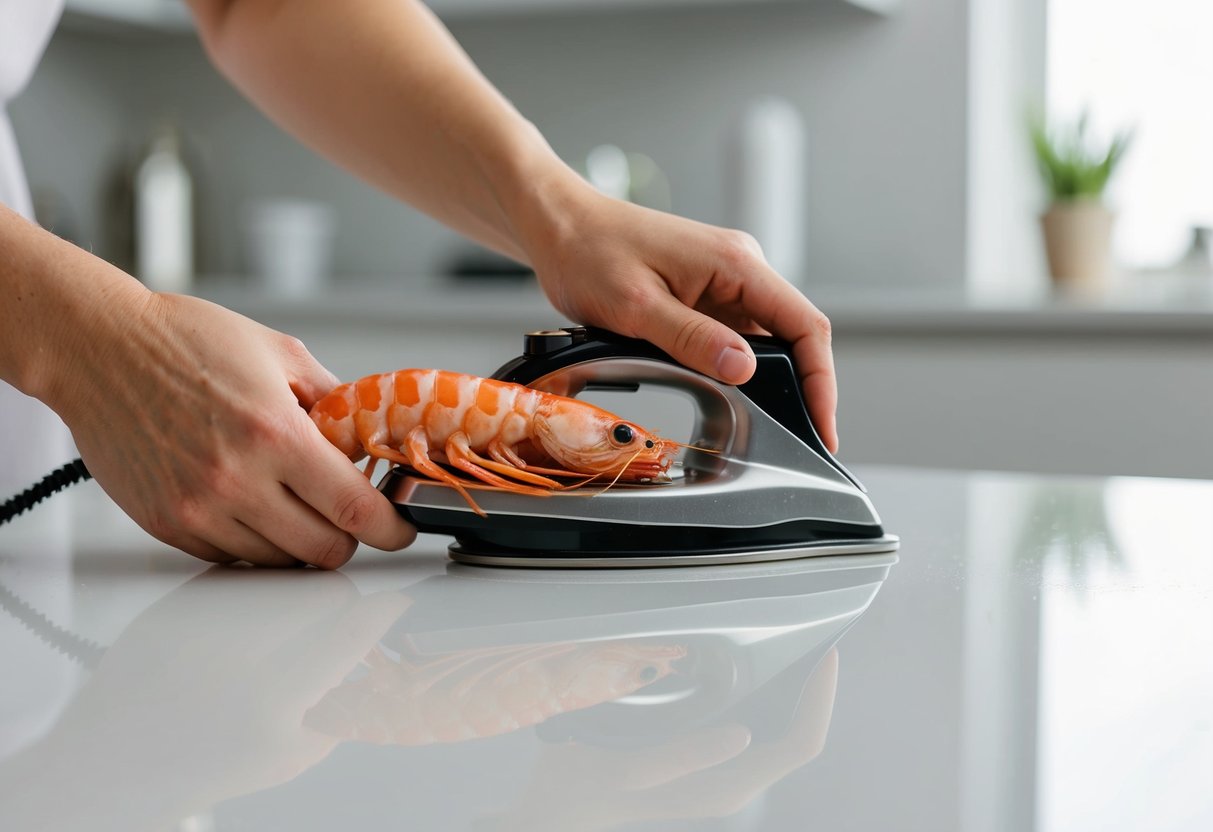 A prawn is being ironed on a clean, flat surface