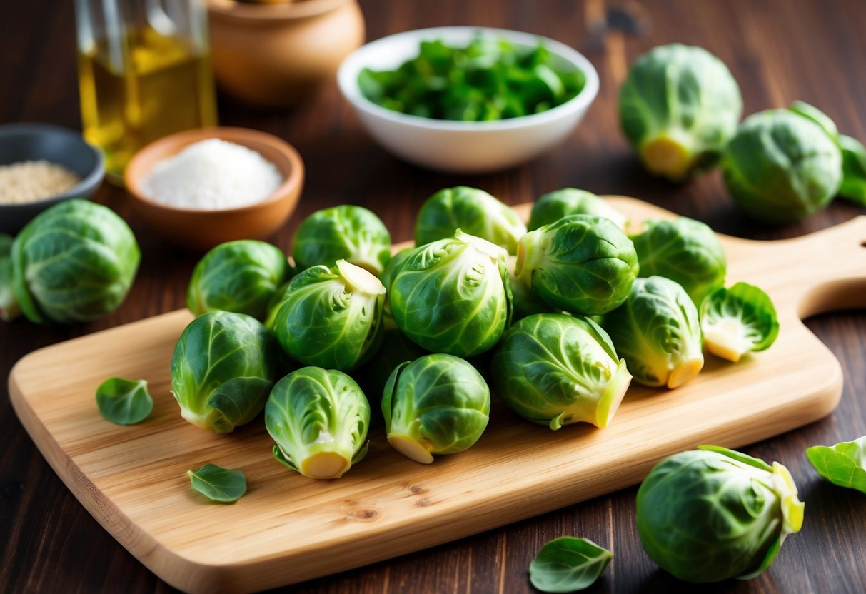 Fresh brussels sprouts on a wooden cutting board, surrounded by various FODMAP-friendly ingredients