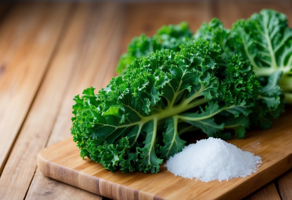 A bunch of fresh kale leaves arranged on a wooden cutting board, with a small pile of iodized salt next to it
