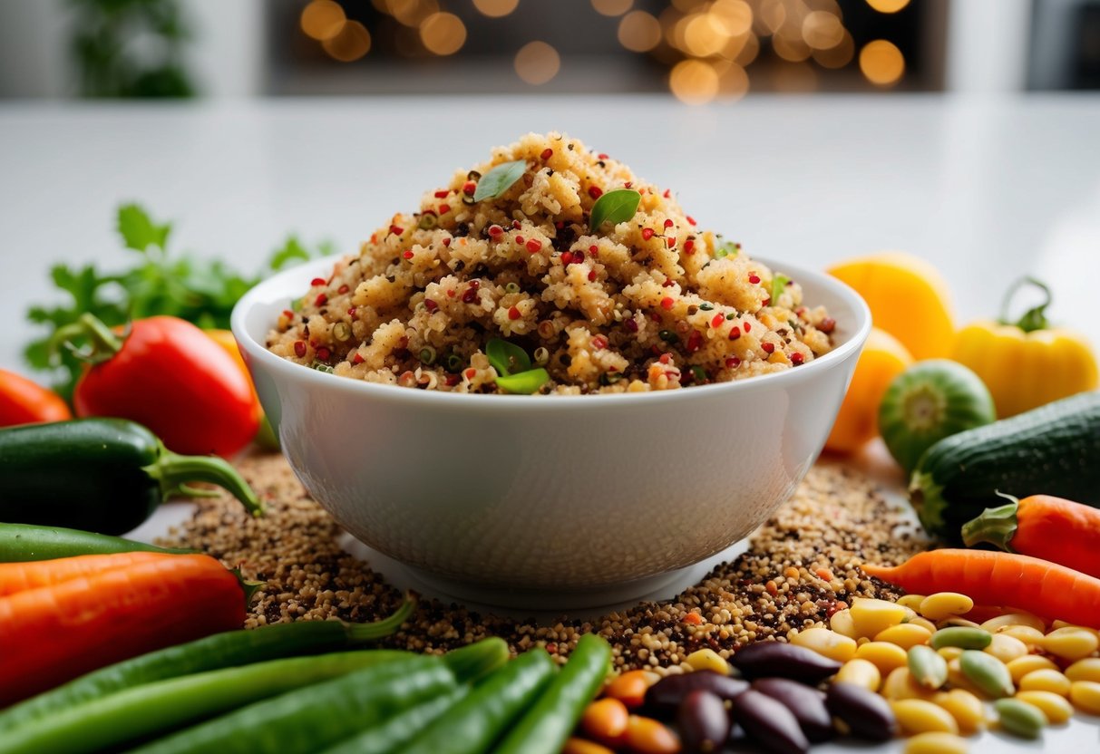A bowl of cooked quinoa surrounded by a variety of colorful vegetables and seeds, showcasing its role as a complete protein source