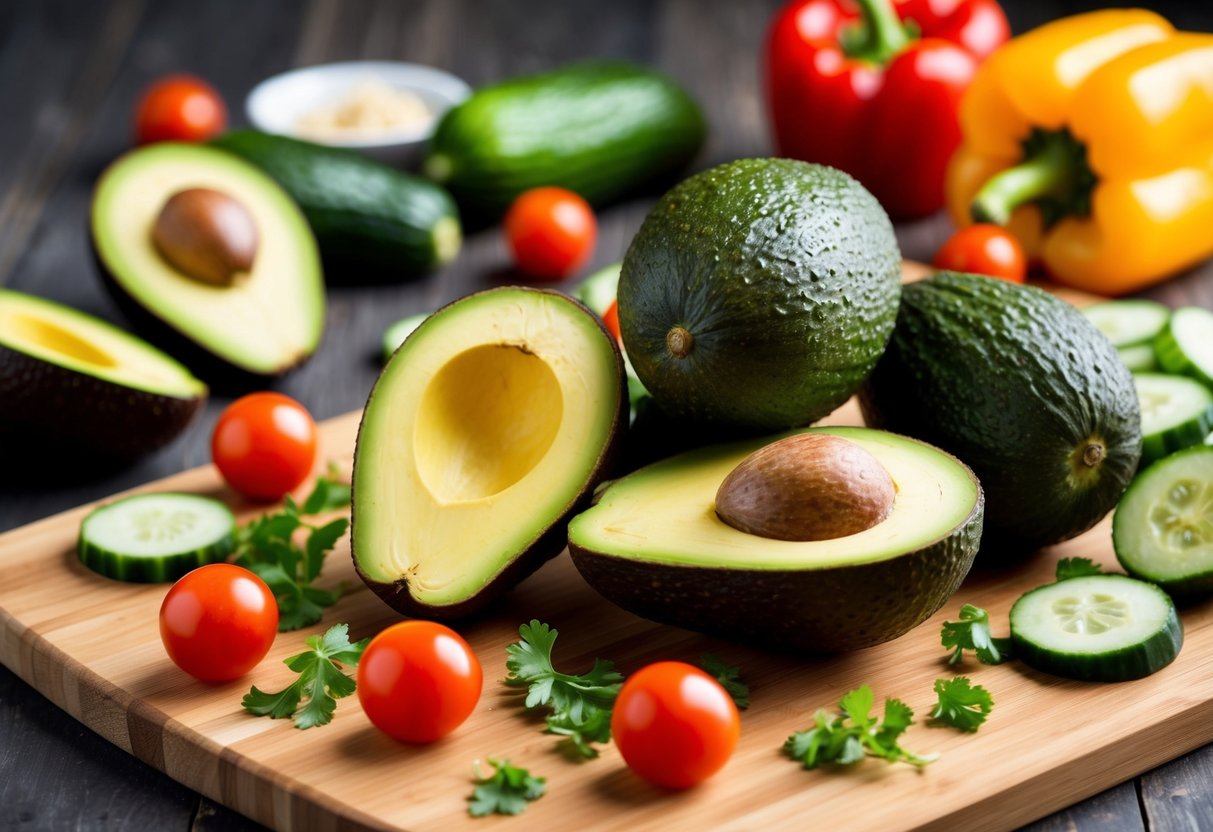 A pile of ripe avocados sits on a wooden cutting board, surrounded by scattered FODMAP-friendly ingredients like tomatoes, cucumbers, and bell peppers